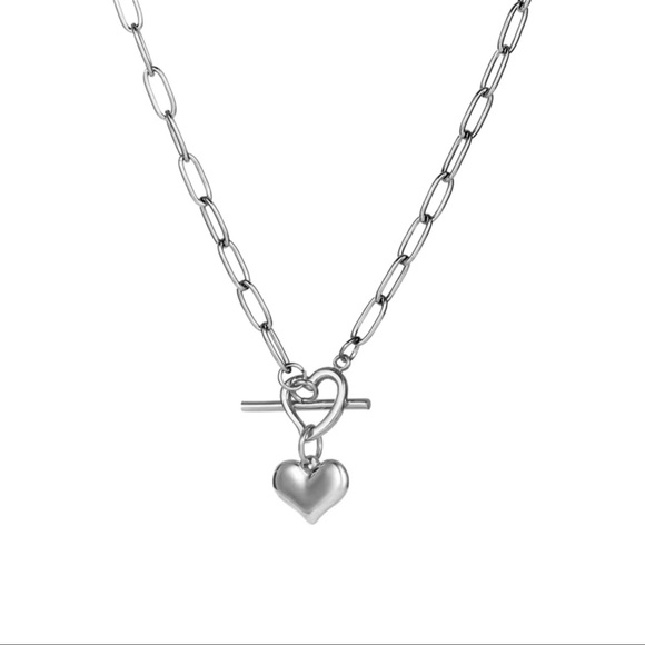 NWT ❤️ SILVER STAINLESS STEEL TOGGLE HEART NECKLACE Size Unisex 23.6” - Picture 2 of 6